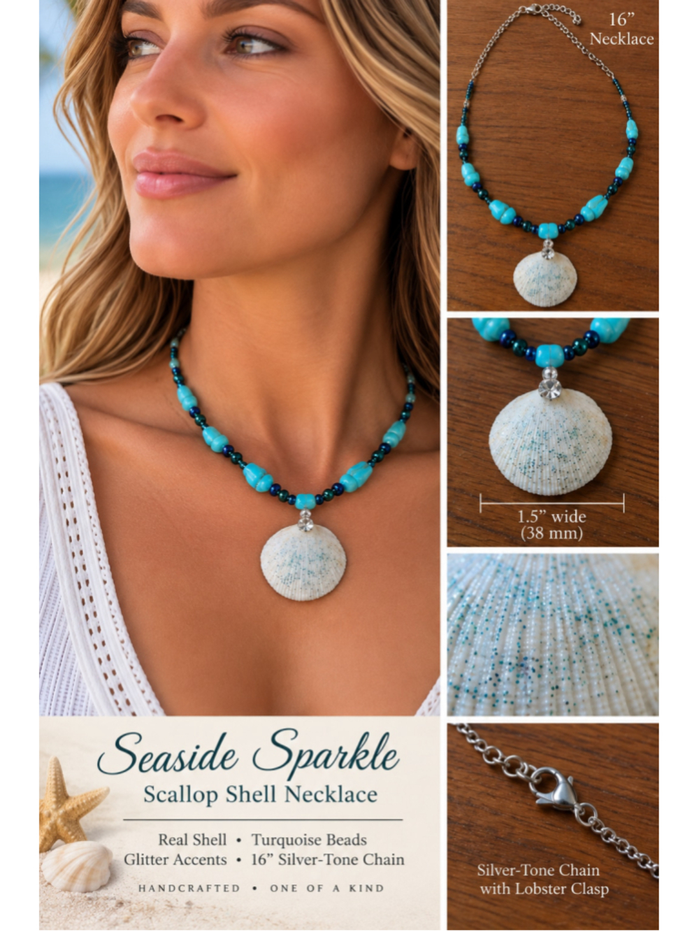 Women's Unbranded Seashell Necklace One Size White Turquoise Glitter